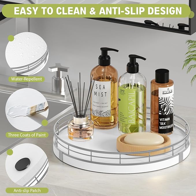 Bathroom Vanity Tray Wood - 10" Round Bathroom Tray Countertop, Holds Perfume Soap Dispenser Cosmetics Key Trinket Ring - Decor Counter Tray for Kitchen Nightstand Entryway, White and Sliver