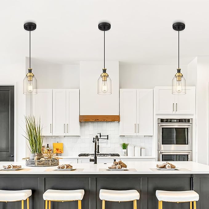 zeyu Modern Gold Pendant Light, 1-Light Glass Hanging Light for Kitchen Dining Room, Clear Glass Shade, Black and Gold Finish, ZG33M1L BK+BG