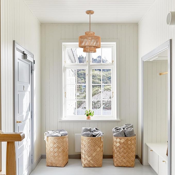 Rattan Pendant Light Fixture Boho Hanging Light Woven Rattan Ceiling Light Adjustable Basket Light Fixture for Kitchen Island Hallway Bedroom Dinning Table Nursery Light
