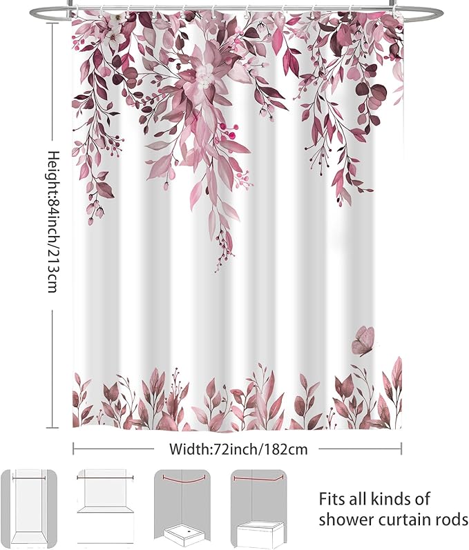 Eucalyptus Shower Curtain, Dark Red Watercolor Leaves with Floral Botanical Bathroom Decor, Waterproof Fabric Bath Curtain Set with Hooks, 72x84 Inches