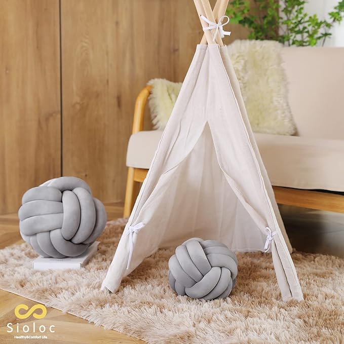 Sioloc Soft Knot Ball Pillows,Round Throw Pillow Cushion Home Decoration Plush Pillow,Throw Knotted Pillow Handmade Round Plush Pillow（13.7inches,Grey）