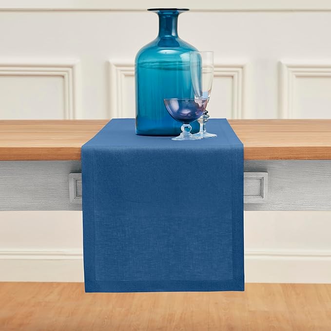 Solino Home Linen Table Runner 60 Inches - 100% Pure Linen Indigo Blue Table Runner 14 x 60 Inch Ideal for Dresser and Coffee Tables - Fall, Autumn, Thanksgiving, Christmas, Holiday - Fete