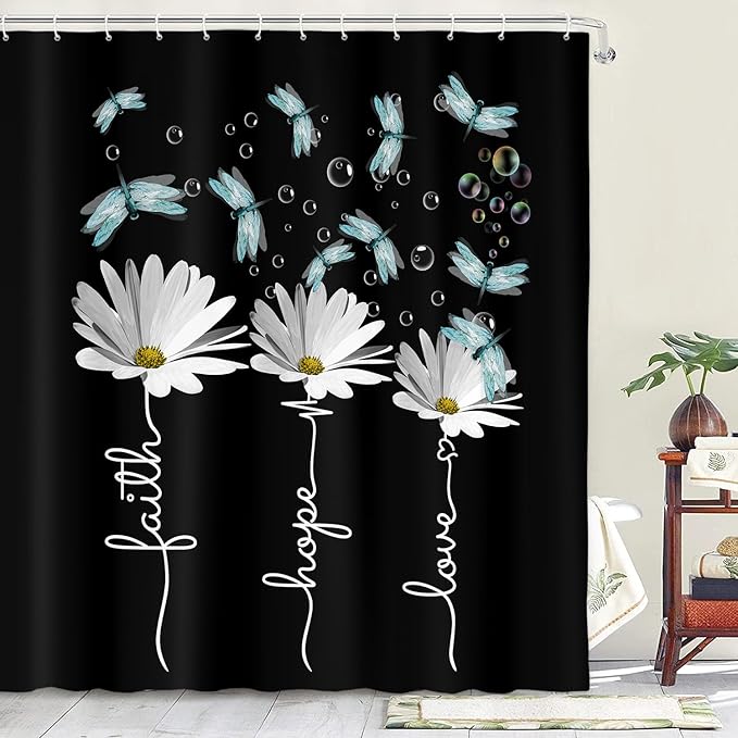 Rusitc Farmhouse Floral Balck White Shower Curtain, Farm Country Daisy Flower Dragonfly and Faith Hope Love Inspirational Words Shower Curtain Set, Turquoise Yellow Teal Bathroom Accessories, 70X70IN