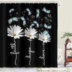 Rusitc Farmhouse Floral Balck White Shower Curtain, Farm Country Daisy Flower Dragonfly and Faith Hope Love Inspirational Words Shower Curtain Set, Turquoise Yellow Teal Bathroom Accessories, 70X84IN
