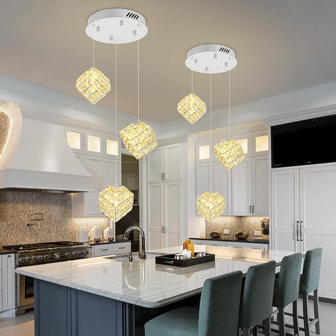 3-Lights Pendants Lightfor Kitchen lsland Chandeliers Dining Room,Square Entryway Light Fixture Hanging Adjustable Height Silver Crystal Chandeliers for Bedroom Hallway Foyer