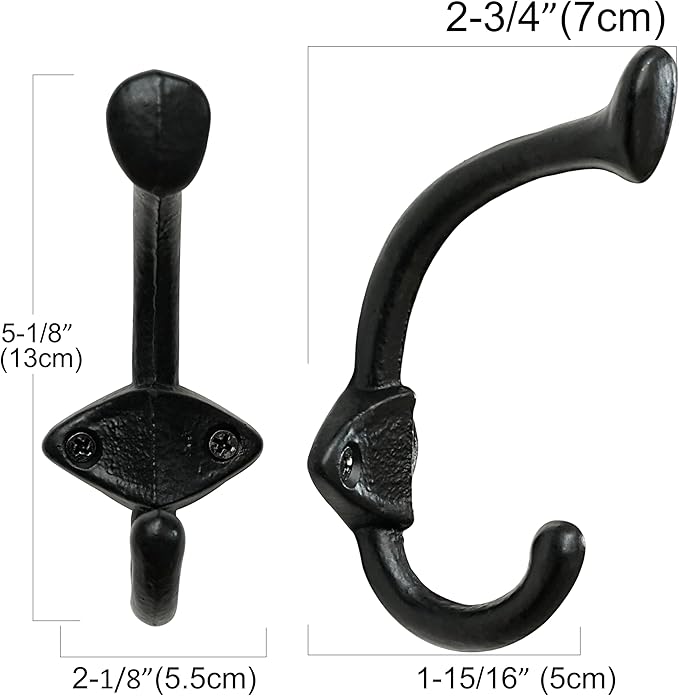 SKOLOO Heavy Duty Black Wall Hooks, Farmhouse Style Cast Iron Hooks, Pack of 5, Ideal for Backpack, Coat, and Towel Hooks - Perfect for Entryway, Mud Room, and Bathroom Storage