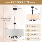 18'' Drum Chandeliers for Dining Room, 6-Light Black Farmhouse Chandelier Linen Drum Light Fixture, Round Chandelier Hanging Pendant Lighting for Bedroom Living Room Foyer