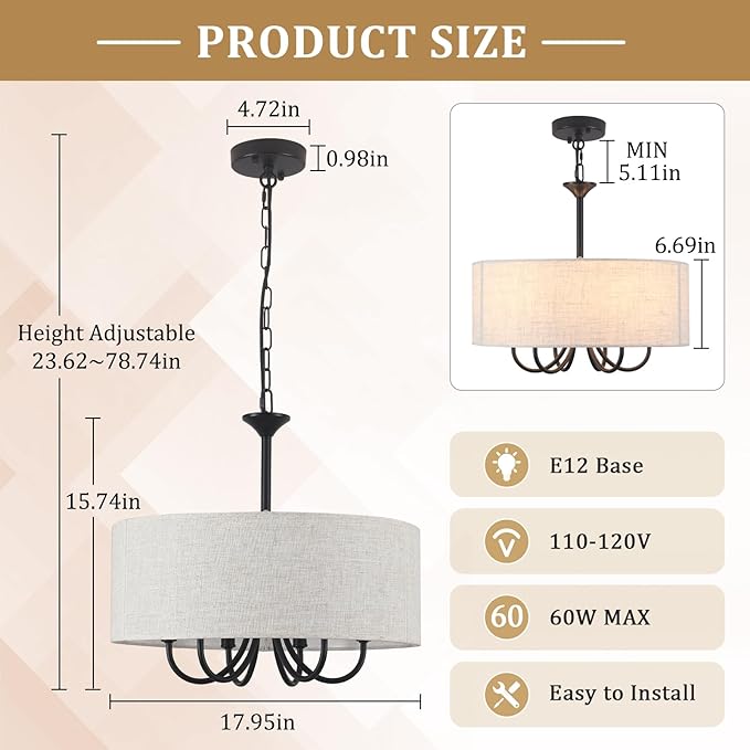 18'' Drum Chandeliers for Dining Room, 6-Light Black Farmhouse Chandelier Linen Drum Light Fixture, Round Chandelier Hanging Pendant Lighting for Bedroom Living Room Foyer