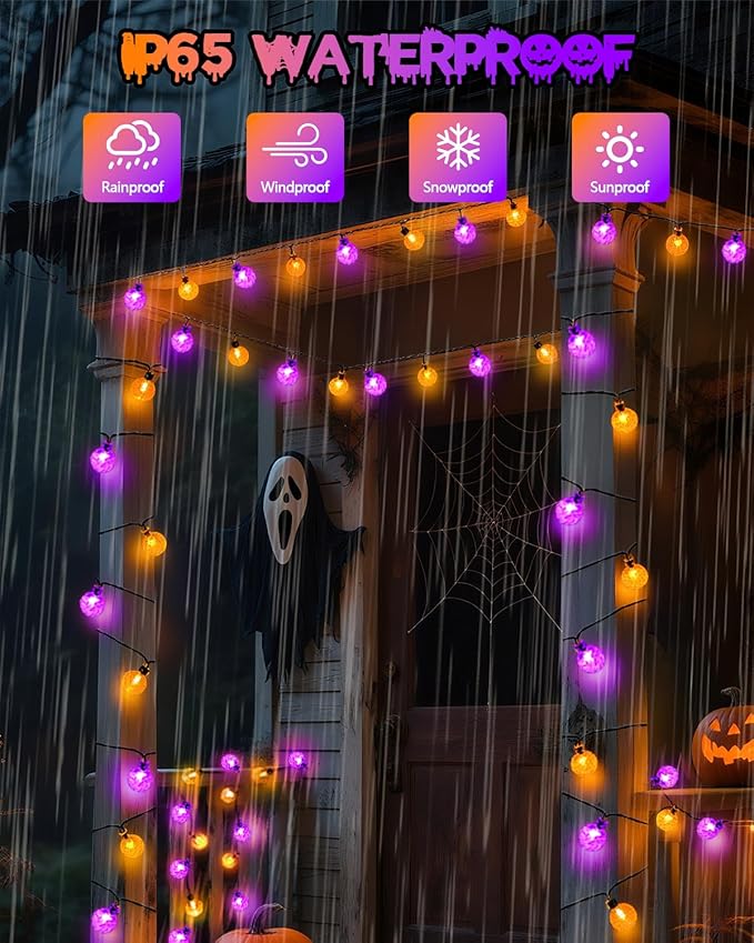 LORRYTE 2-Pack 100 LED 64FT Purple and Orange Solar Halloween Lights, Outdoor Waterproof Solar Globe String Lights with 8 Lighting Modes, Halloween Outdoor Decorations for Garden Party