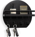 Nekon Key Holder for Wall - 9.8 Inch Apartment Wall Decor with Shelf and 8 Key Hooks, Circular Wood Key Hanger for Home Decor (Black)
