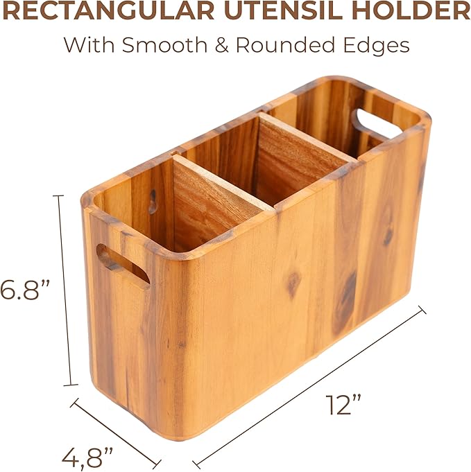 Wooden Utensil Holder for Kitchen Counter, 3 Compartments, Rectangle & Handles, Spatula Spoon Cooking Gadgets Tools Organizer, Large Utensil Crock
