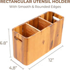 Wooden Utensil Holder for Kitchen Counter, 3 Compartments, Rectangle & Handles, Spatula Spoon Cooking Gadgets Tools Organizer, Large Utensil Crock
