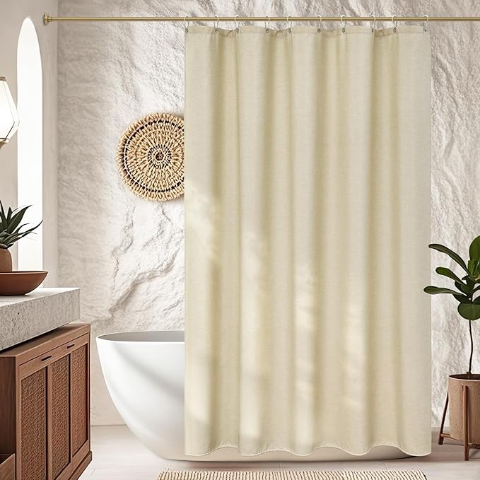 Heavyweight Beige Fabric Shower Curtain Short 60 x 66 inch, Water-Resistant Faux Linen Polyester Farmhouse Shower Curtain, Boho Chic Small Bathroom Curtain for Rv Camper Trailer