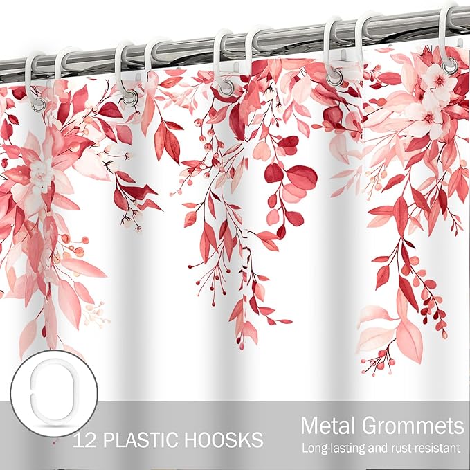 Eucalyptus Shower Curtain, Pink Watercolor Leaves with Floral Botanical Bathroom Decor, Waterproof Fabric Bath Curtain Set with Hooks, 72x72 Inches