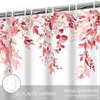 Eucalyptus Shower Curtain, Pink Watercolor Leaves with Floral Botanical Bathroom Decor, Waterproof Fabric Bath Curtain Set with Hooks, 72x72 Inches