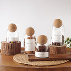 Glass Jars with Cork Lids, 3 Pack Small Decorative Jars with Acacia Tray, Bathroom Qtip and Cotton Ball Holder Set, Cute Coffee Bar Containers for Sugar Candy Tea, Apothecary Jars (17oz)