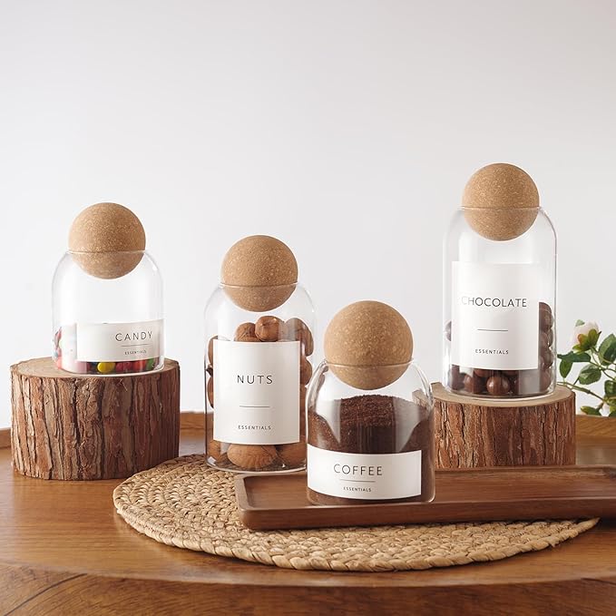 Glass Jars with Cork Lids, 3 Pack Small Decorative Jars with Acacia Tray, Bathroom Qtip and Cotton Ball Holder Set, Cute Coffee Bar Containers for Sugar Candy Tea, Apothecary Jars (17oz)