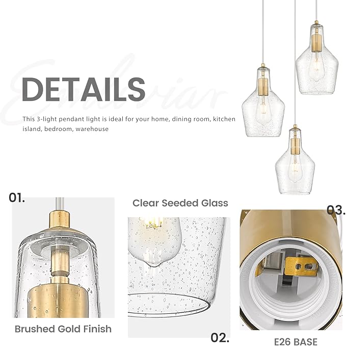 Emliviar Brushed Gold Pendant Light, 3-Light Seeded Glass Chandelier, Modern Pendant Lights for Kitchen Island, DYE286G2-3 BG