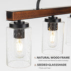 Farmhouse Chandelier 6-Light Dining Room Light Fixture Over Table Kitchen Island Lighting Rustic Chandeliers for Dining Light with Seeded Glass Shade Wood Pendant Lights Kitchen Island