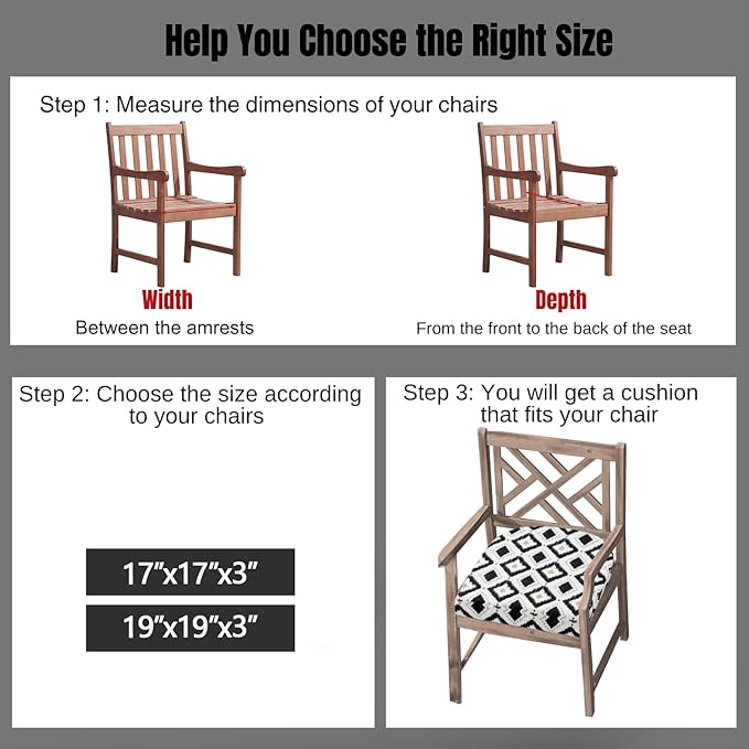 idee-home Outdoor Chair Cushions Set of 4, Thick 17" x 17" x 3" Outdoor Seat Cushions Patio Furniture Waterproof with Ties, Dining Pads