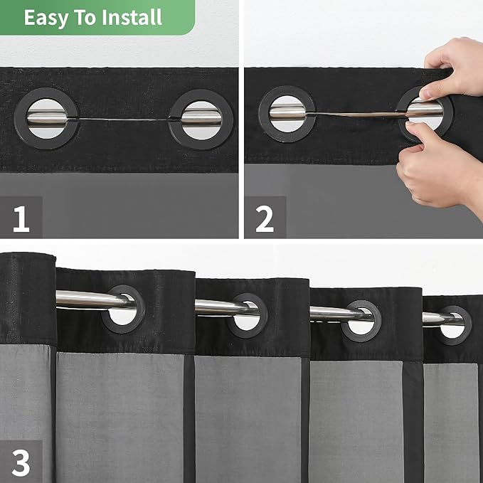Black Long No Hook Shower Curtain with Snap-in Fabric Liner Set,Slub Textured Fabric Shower Curtains for Bathroom,Hotel Style Modern Shower Curtain,Water Repellent & Washable,71x80(78)