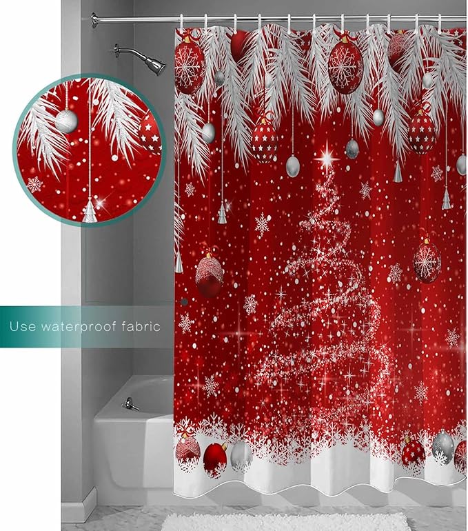 Christmas Tree Shower Curtain, Christmas Balls Shower Curtains Set with Hooks, Snowflake Silver Pine Tree Branch Red Waterproof Bathroom Curtains Holiday Decor Accessories,72x 96 Inch Extra Long