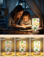 Dinosaur Lamp, Dinosaur Room Decor for Boys, 3 Level Dimmable Wood Nightstand Desk Base Flaxen Fabric Shade for Bedroom Living Room, Dino Gifts for Boys