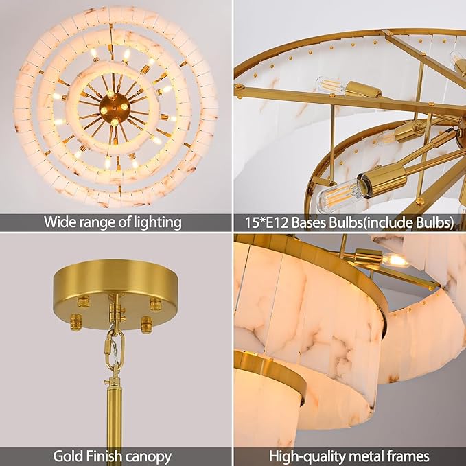 D34in Alabaster Round Chandelier, 3 Tiers Modern Marble Dining Room Chandeliers, Spanish Natural Alabaster Chandeliers, Alabaster Pendant Light Fixture, for Bedroom Entryway Foyer, Living Room