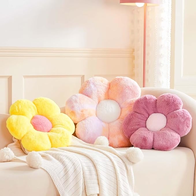 Yellow Flower Shaped Throw Pillow with Faux Rabbit Fur, 14.9' Soft Plush Throw Pillow for Bedroom & Living Room