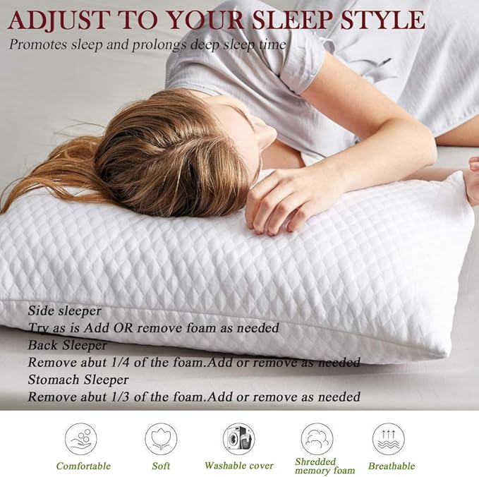 NTCOCO Pillow, Shredded Memory Foam Bed Pillows for Sleeping, with Washable Removable Cooling Hypoallergenic Sleep Pillow for Back and Side Sleeper, King (1-Pack)