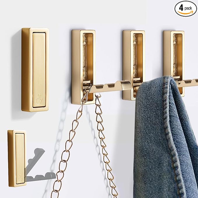 Foldable Gold Wall Hooks 4 Pack,Heavy Duty Wall Hooks for Hanging Coats Towels Backpacks Bags Brushed Gold Towel Hooks in The Bathroom,Closet,Entryway,Pool and Kitchen.(Gold, 4)