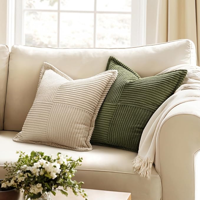 MIULEE Decorative Throw Pillow Covers for Couch Bed Livingroom 20x20 Inch Set of 2 Olive Green Boho Accent Throw Pllows Broadside Striped Patchwork Soft Corduroy Summer Pillowcases