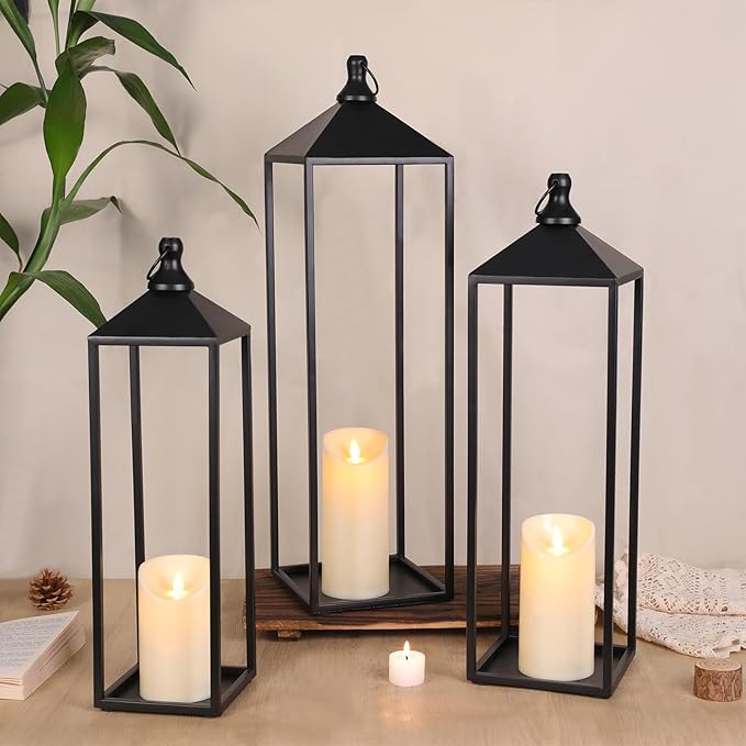 22'' 19'' 17'' Lanterns Decorative Outdoor Indoor, Set of 3 Black Metal Candle Lanterns Halloween Lanterns Modern Farmhouse Floor Lantern Decor for Room, Porch, Mantle, Patio, Garden