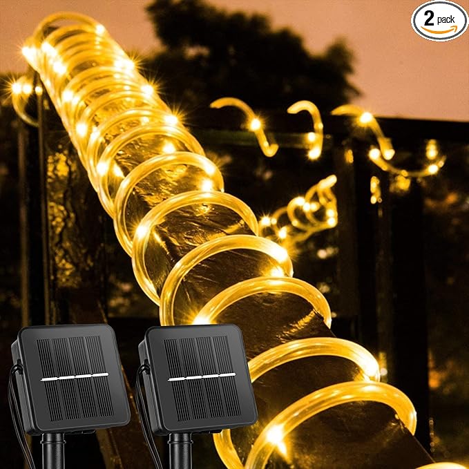 Solar Rope String Lights Outdoor 2 Pack 39 Feet 100 Led Waterproof Solar Powered Fairy Lights with 8 Lighting Modes, Copper Wire PVC Tube Lights for Garden Wedding Party DIY Decor (Warm White)