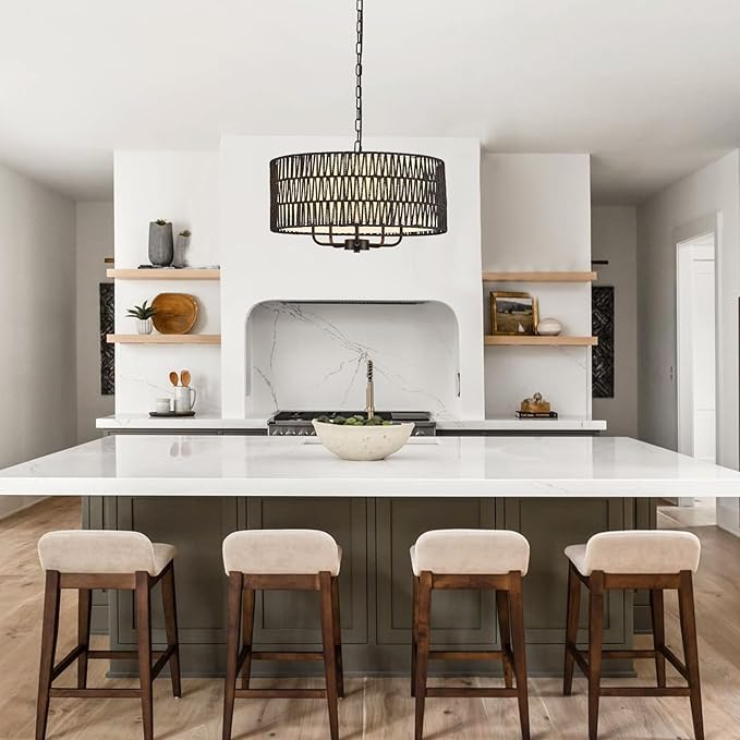 Boho Hand-Woven Black Rattan Chandelier with Linen Vintage Farmhouse Bamboo Drum Chandeliers Light Fixture Modern Wicker Rattan Chandelier for Dining Room, Kitchen, Living Room