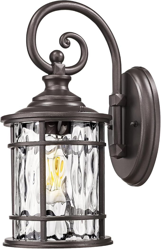 Emliviar 15.5" Outdoor Wall Mounted Light Fixture, Farmhouse Porch Lighting in Oil Rubbed Bronze Finish, Outside Lantern for Yard with Water Ripple Glass Shade, XE229B ORB WG