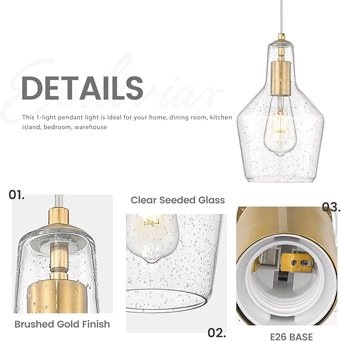 Emliviar 11 Inch Farmhouse Pendant Light Fixture, 1-Light Hanging Kitchen Lighting with Seeded Glass, Brushed Gold Finish, DYE286G2-MIL BG
