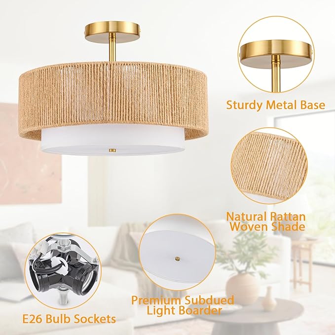 SineRise 16'' Rattan Flush Mount Ceiling Light Fixture,2-Tier Drum Hand-Woven Boho Flush Mount Ceiling Light,Farmhouse Light Fixture for Living Room,Kitchen,Bedroom Foyer Entryway ect.