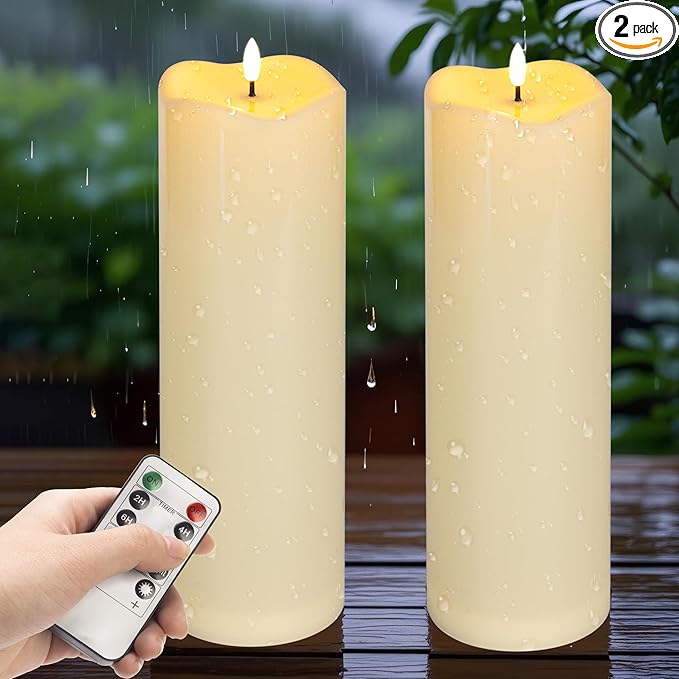 2pack 4"*12" Large Waterproof LED Battary Operated Candles with Remote, Flickering Pillar Electric Flameless Candles for Christmas, Outdoor Larterns,Ivory