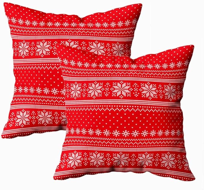 CAPSCEOLL 2PCS Red Throw Pillow Covers 18X18Inch Christmas Red Reindeer Snow Snowflake Traditional White Winter Xmas Pillow Covers Decorative for Bedroom Sofa Living Room Pillow Covers Decorative