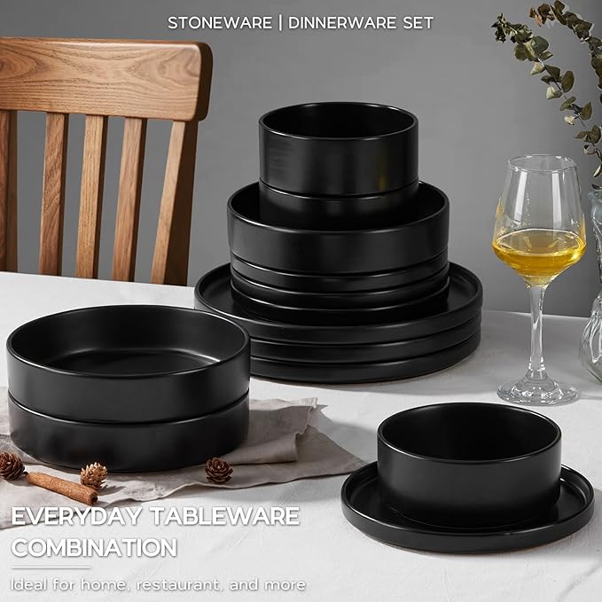Onader Stoneware Dinnerware Set for 2 with Pasta Bowl, 8 Piece Plates and Bowls Dish Dinner Set, Microwave & Dishwasher Safe - Ebony Black