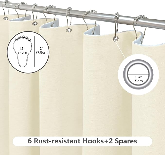 Inhousolu Boho Farmhouse Shower Curtain with Fabric Liner Set, Faux Linen Textured, 8 Metal Hooks Luxury Weighted Hem, Washable Wrinkle Free Bath Curtain for Hotel Bathroom 36" W x 72" L Ivory
