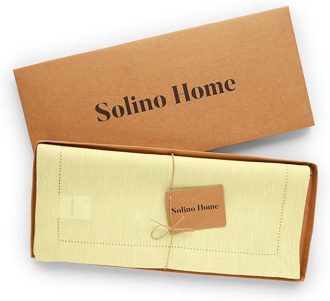 Solino Home Linen Table Runner 36 Inches - 100% Pure Linen Butter Yellow Hemstitch Table Runner 14 x 36 Inch Ideal for Dresser and Coffee Tables - Milan