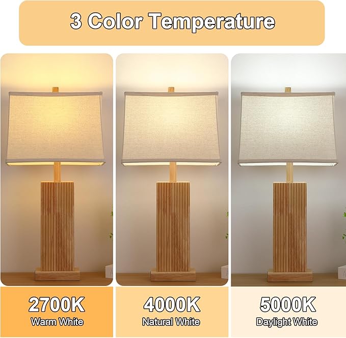 27.5" Wood Table Lamps Set of 2, Modern Farmhouse Bedroom Lamp for Nightstand with USB Charging Port, Natural Wooden Base Table Lamp for Living Room Bedroom, Bulbs Included (Natural Wood)
