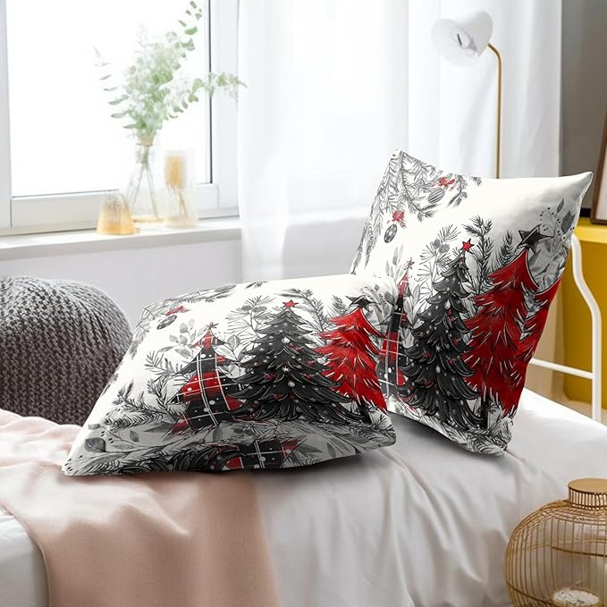 Christmas Tree Throw Pillow Covers 18x18 Set of 2, Buffalo Plaid Xmas Trees Bells Winter Holiday Decorative Pillow Cases Cotton Cushion Cover for Bed Sofa Couch Chair Home Car
