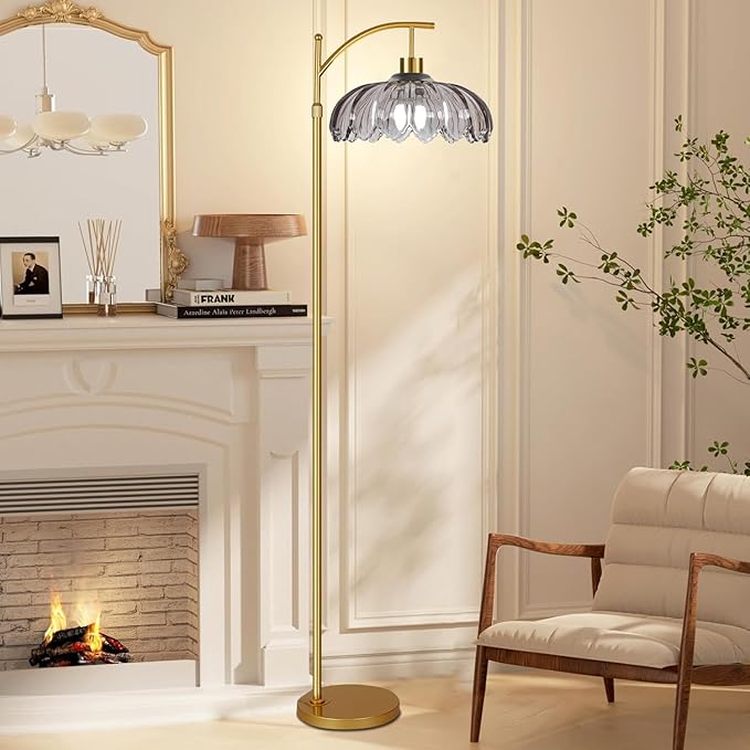 Floor Lamp for Living Room,Bedroom,Gold Dimmable Standing Lamp with Remote,Mid Century Modern Brass Tall Lamp Retro Vintage Grey Glass Lamp Floor Light Boho Bohemian