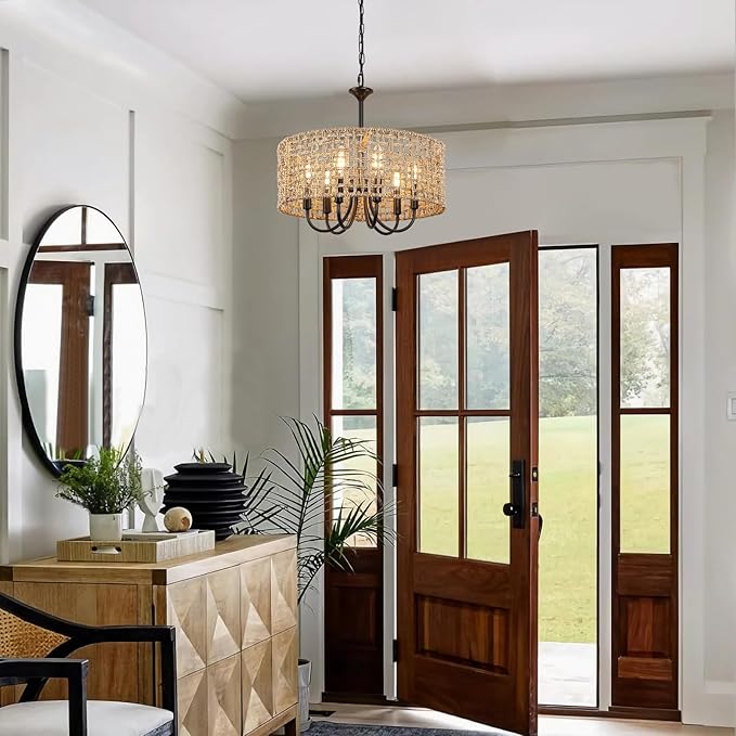 LynPon 17.7" Black Rattan Boho Chandeliers Light Fixtures, 6-Light Farmhouse Hand-Woven Pendant Light with Wicker Shade, Vintage Coastal Hanging Light for Dining Room Living Room Kitchen Hallway