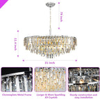 Modern Round Top K9 Crystal Chandelier, 13 Lights, Adjustable Hanging Lamp, Chrome, Living Room, Dining Room, W31, L6.6xW33xH33