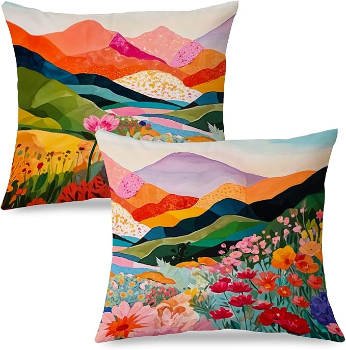 JINYO Abstract Mountain Pillow Covers 18x18 Set of 2, Abstract Mountain Floral Pillow Cases Watercolor Landscape Decorative for Home Bedroom Living Room Office Decor, Vintage Western Decor