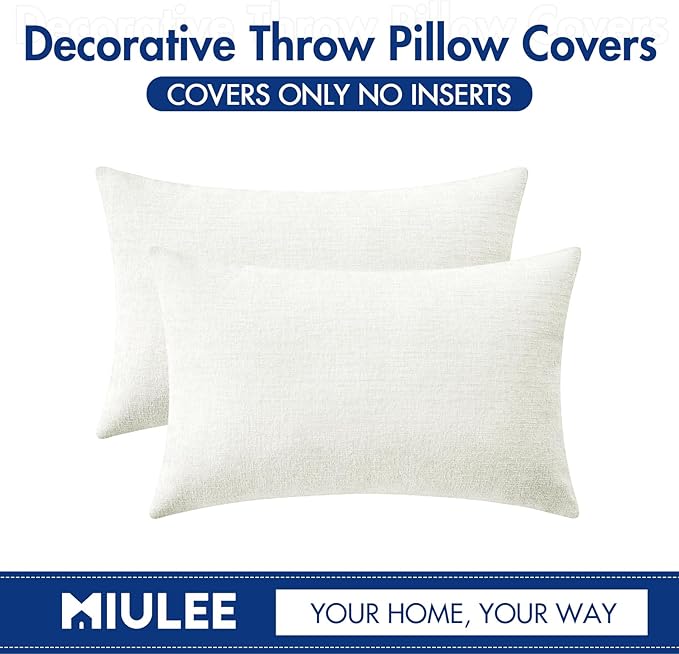 MIULEE Pack of 2 Christmas Couch Throw Pillow Covers 12x20 Inch Soft White Chenille Pillow Covers for Sofa Living Room Solid Dyed Pillow Cases
